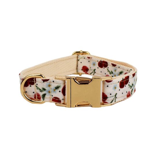 Red Cherry Printed Pet Collar Traction Rope Light Gold Release Buckle Cute Bow Strap - Get It for Your Pets