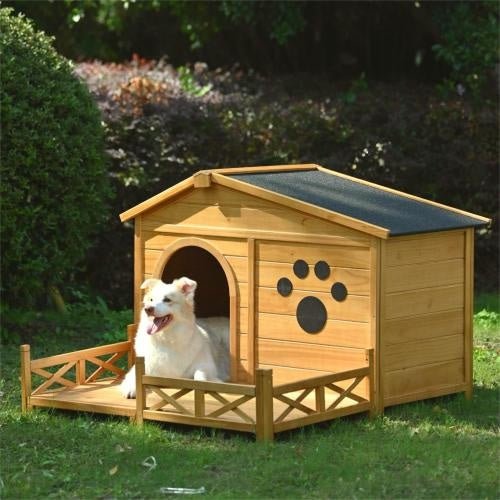 48 Wooden Dog House Outdoor With Porch, Dog Kennel With Water-Resistant Asphalt Roof And Fencing,Indoor & Outdoor Dog Crate With Paw Print, Medium, Nature - Get It for Your Pets - Pet Store