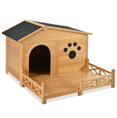 48 Wooden Dog House Outdoor With Porch, Dog Kennel With Water-Resistant Asphalt Roof And Fencing,Indoor & Outdoor Dog Crate With Paw Print, Medium, Nature - Get It for Your Pets - Pet Store