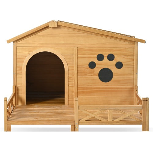 48 Wooden Dog House Outdoor With Porch, Dog Kennel With Water-Resistant Asphalt Roof And Fencing,Indoor & Outdoor Dog Crate With Paw Print, Medium, Nature - Get It for Your Pets - Pet Store