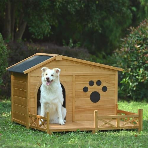 48 Wooden Dog House Outdoor With Porch, Dog Kennel With Water-Resistant Asphalt Roof And Fencing,Indoor & Outdoor Dog Crate With Paw Print, Medium, Nature - Get It for Your Pets - Pet Store