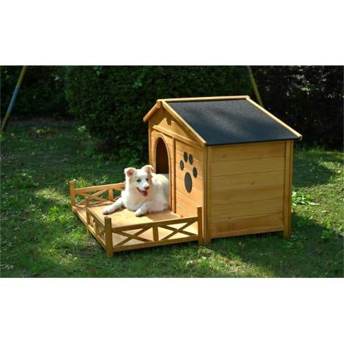 48 Wooden Dog House Outdoor With Porch, Dog Kennel With Water-Resistant Asphalt Roof And Fencing,Indoor & Outdoor Dog Crate With Paw Print, Medium, Nature - Get It for Your Pets - Pet Store