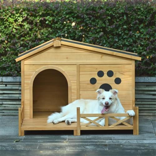 48 Wooden Dog House Outdoor With Porch, Dog Kennel With Water-Resistant Asphalt Roof And Fencing,Indoor & Outdoor Dog Crate With Paw Print, Medium, Nature - Get It for Your Pets - Pet Store