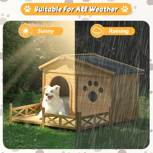 48 Wooden Dog House Outdoor With Porch, Dog Kennel With Water-Resistant Asphalt Roof And Fencing,Indoor & Outdoor Dog Crate With Paw Print, Medium, Nature - Get It for Your Pets - Pet Store