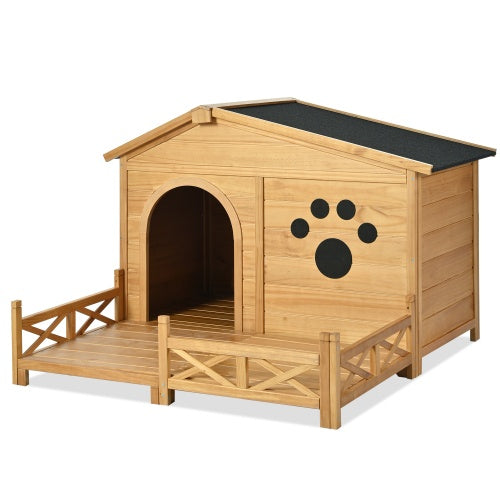 48 Wooden Dog House Outdoor With Porch, Dog Kennel With Water-Resistant Asphalt Roof And Fencing,Indoor & Outdoor Dog Crate With Paw Print, Medium, Nature - Get It for Your Pets - Pet Store