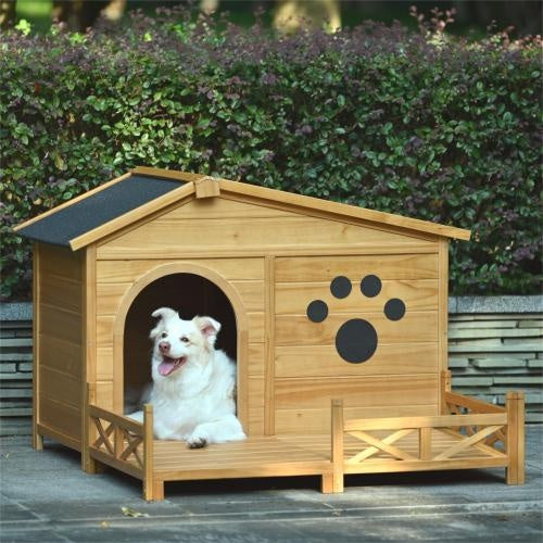 48 Wooden Dog House Outdoor With Porch, Dog Kennel With Water-Resistant Asphalt Roof And Fencing,Indoor & Outdoor Dog Crate With Paw Print, Medium, Nature - Get It for Your Pets - Pet Store