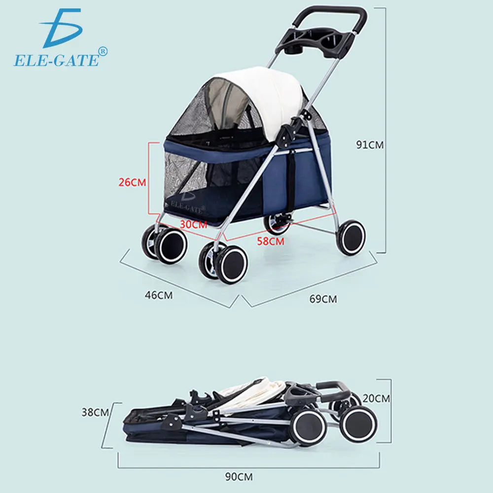 Foldable Small Pet Stroller Comfortable Waterproof Oxford Travel Cart for Dogs and Cats with 4 Wheels