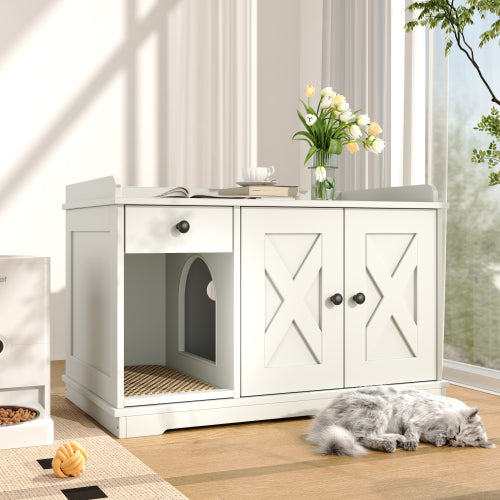GO Cat Litter Box Enclosure, Litter Box Furniture Hidden With Cat Litter Mat, Indoor Cat House With Storage Drawer Side Table, Farmhouse Style Cat Box Cabinet For Living Room, White - Get It for Your Pets - Pet Store
