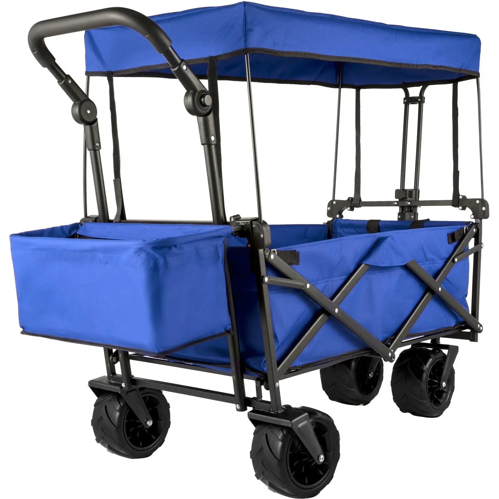 Extra Large Blue Folding Wagon Cart Removable Canopy Rear Storage Collapsible Utility Wagon for Garden Camping Grocery Shopping