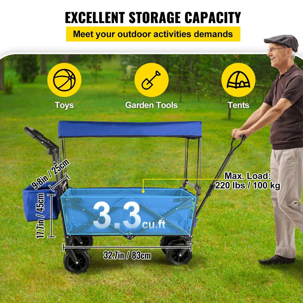 Extra Large Blue Folding Wagon Cart Removable Canopy Rear Storage Collapsible Utility Wagon for Garden Camping Grocery Shopping
