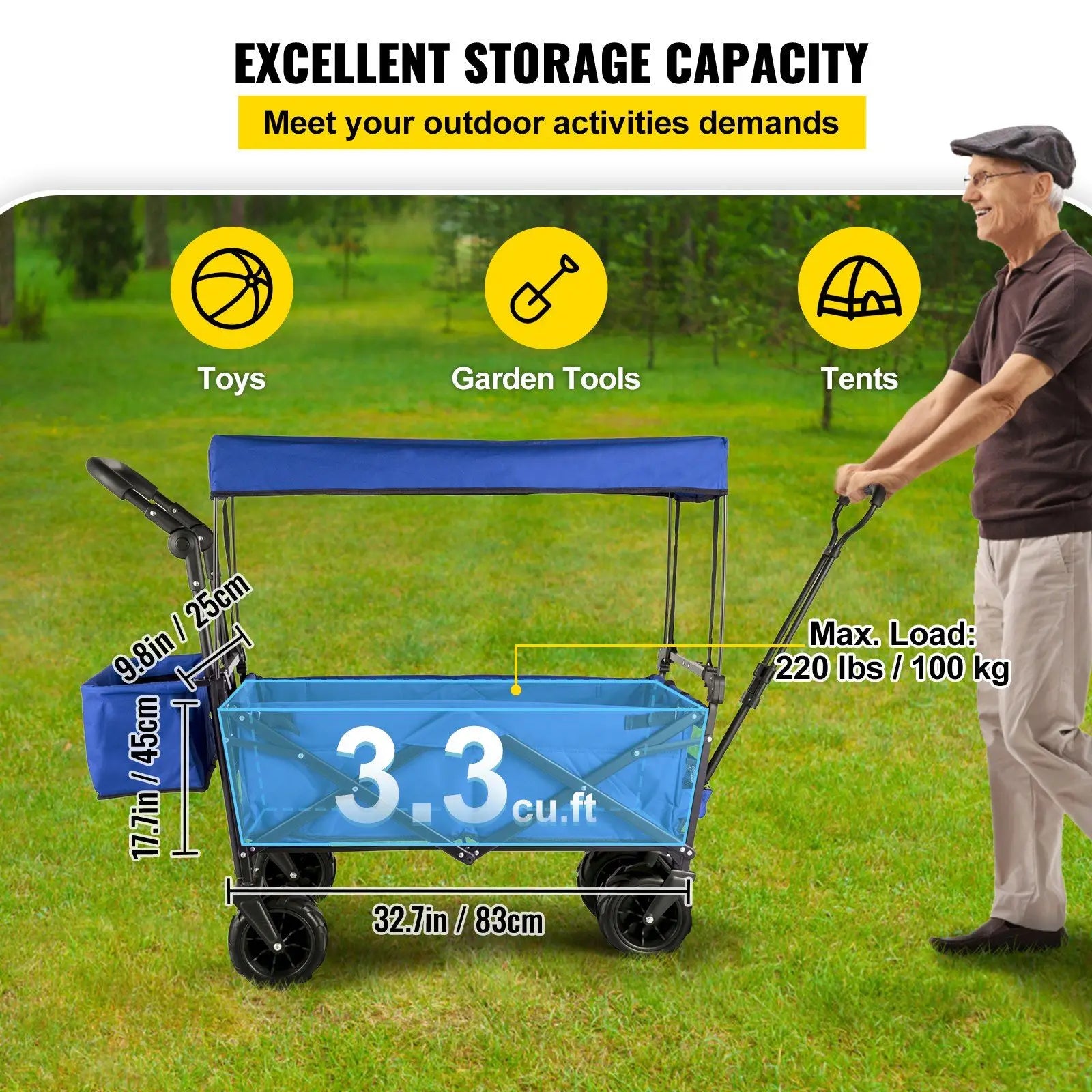 Extra Large Blue Folding Wagon Cart Removable Canopy Rear Storage Collapsible Utility Wagon for Garden Camping Grocery Shopping