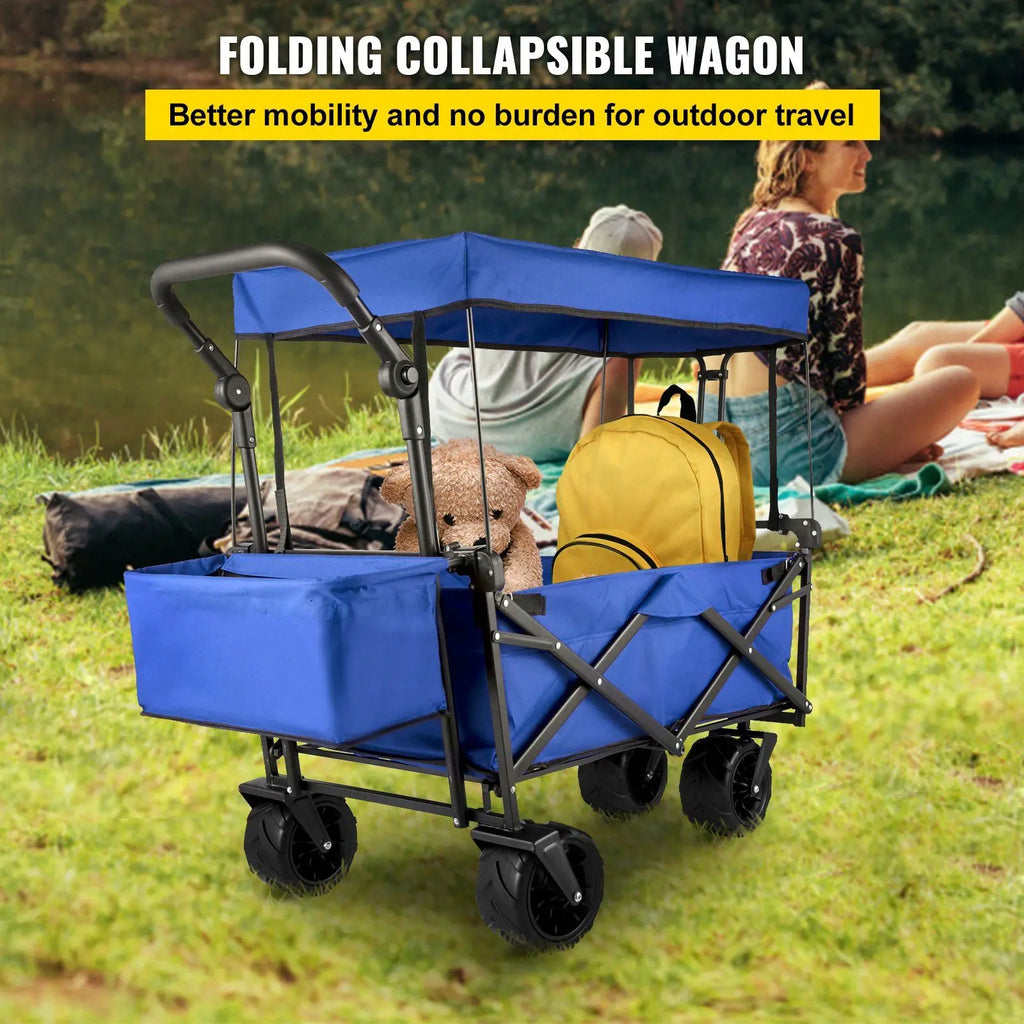 Extra Large Blue Folding Wagon Cart Removable Canopy Rear Storage Collapsible Utility Wagon for Garden Camping Grocery Shopping