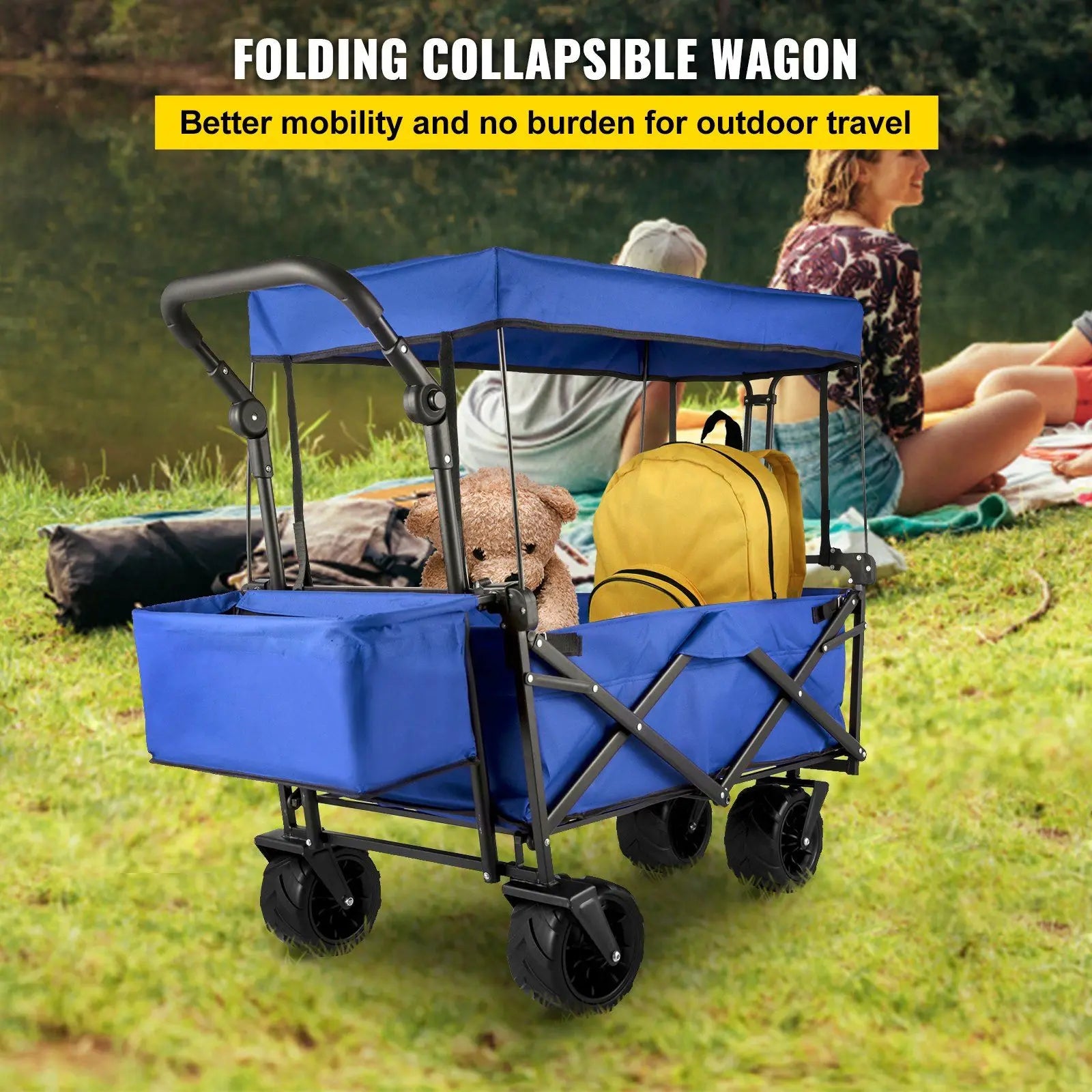 Extra Large Blue Folding Wagon Cart Removable Canopy Rear Storage Collapsible Utility Wagon for Garden Camping Grocery Shopping