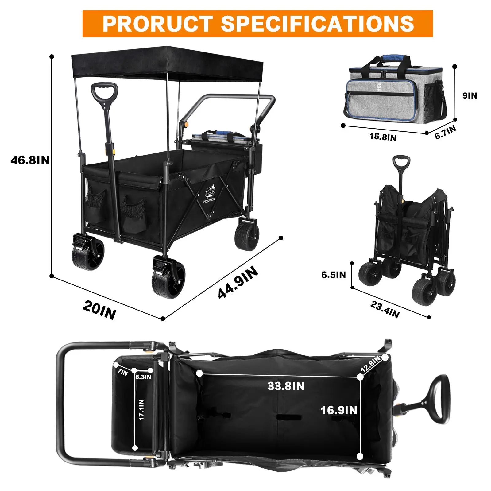 DB All-Terrain Brake 140L Collapsible Wagon Cart with Removable Canopy Foldable Folding Wagon for Shopping