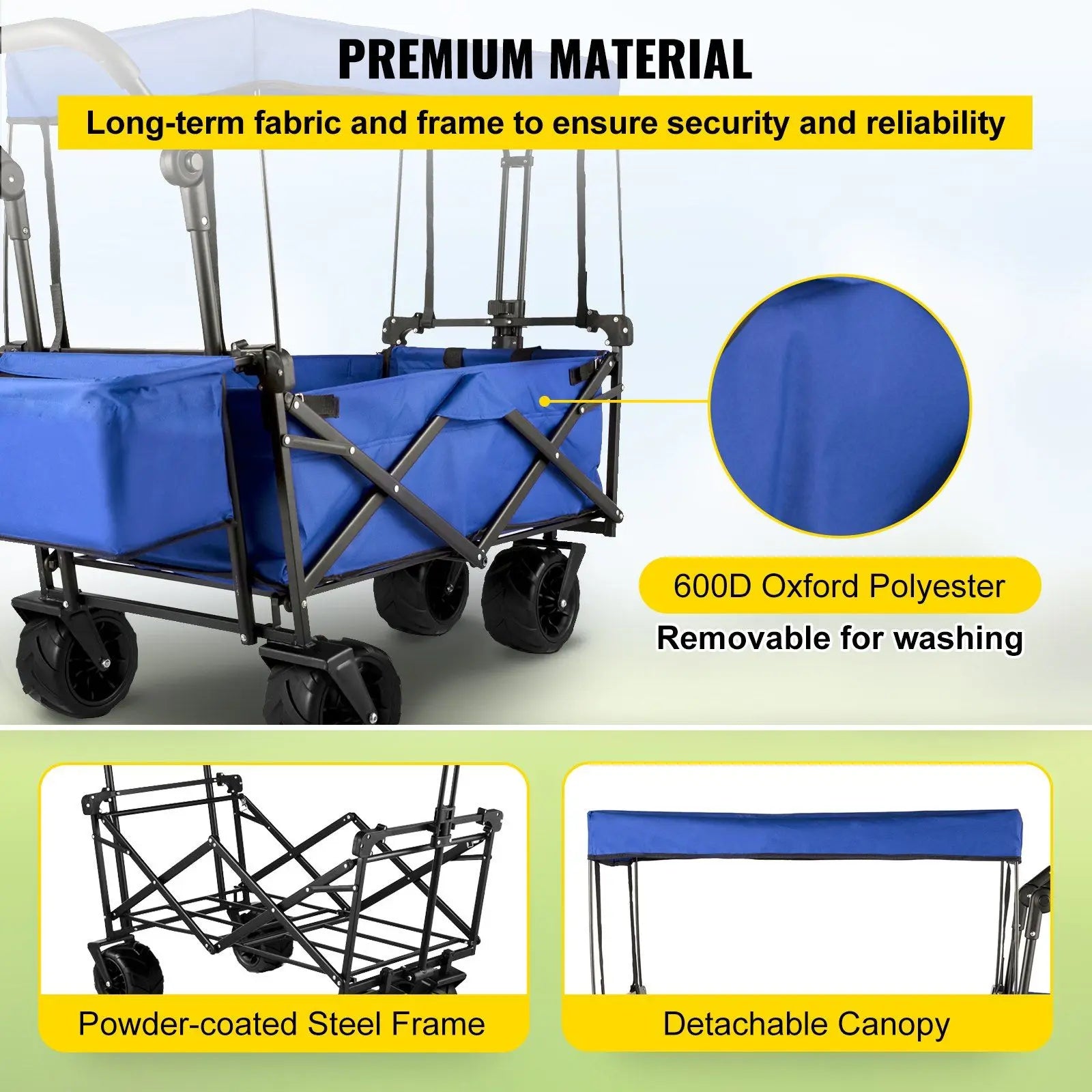 Extra Large Blue Folding Wagon Cart Removable Canopy Rear Storage Collapsible Utility Wagon for Garden Camping Grocery Shopping
