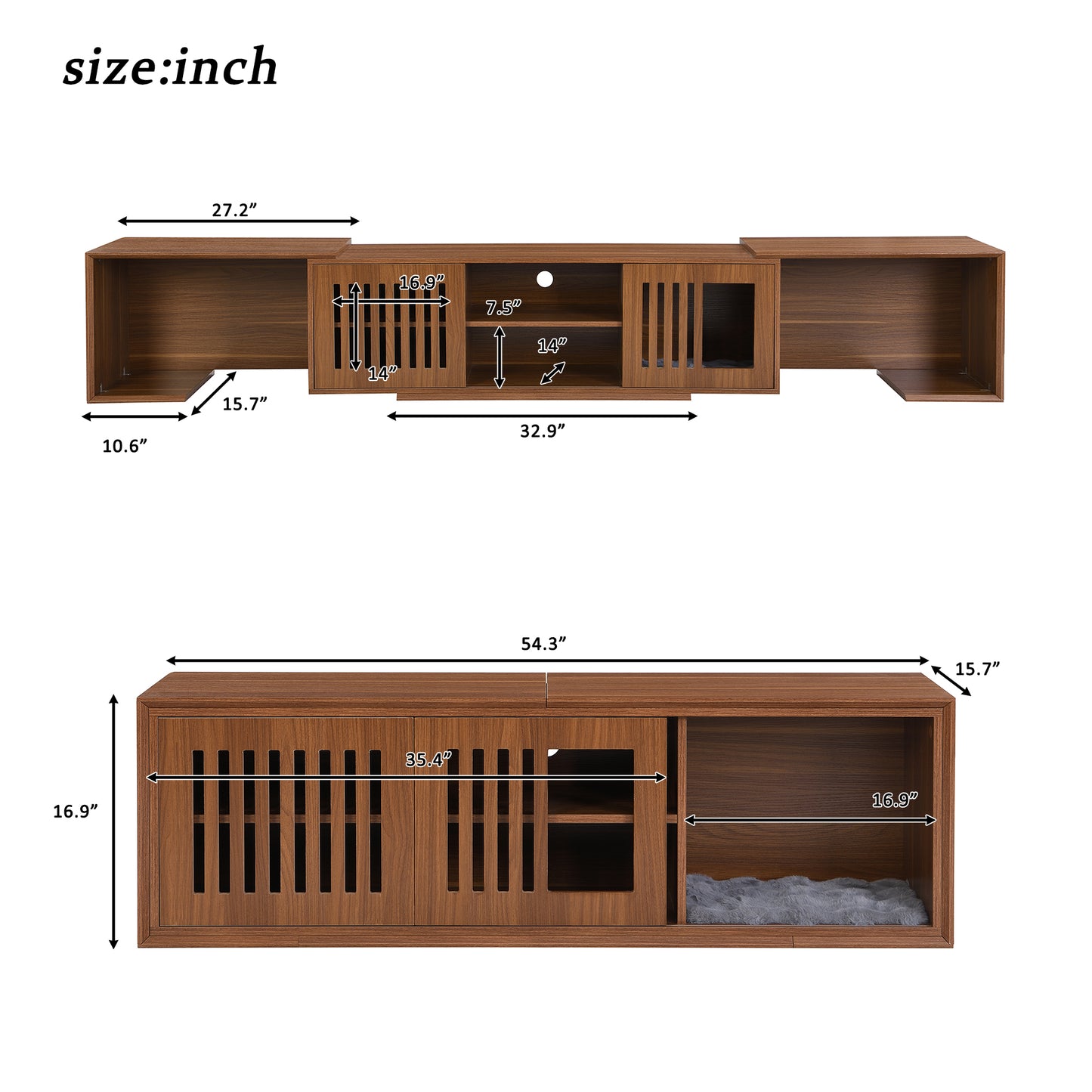 Mid-Century Modern 54.3 Extendable TV Stand Up To  With Cat House  Litter Box Enclosure  Walnut Wood Entertainment Center, Sliding Doors, Hidden Pet Furniture - Get It for Your Pets - Pet Store