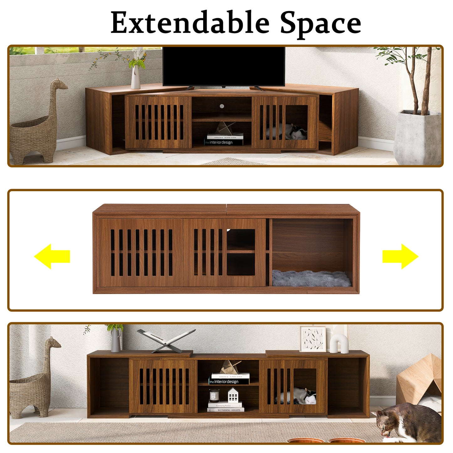 Mid-Century Modern 54.3 Extendable TV Stand Up To  With Cat House  Litter Box Enclosure  Walnut Wood Entertainment Center, Sliding Doors, Hidden Pet Furniture - Get It for Your Pets - Pet Store