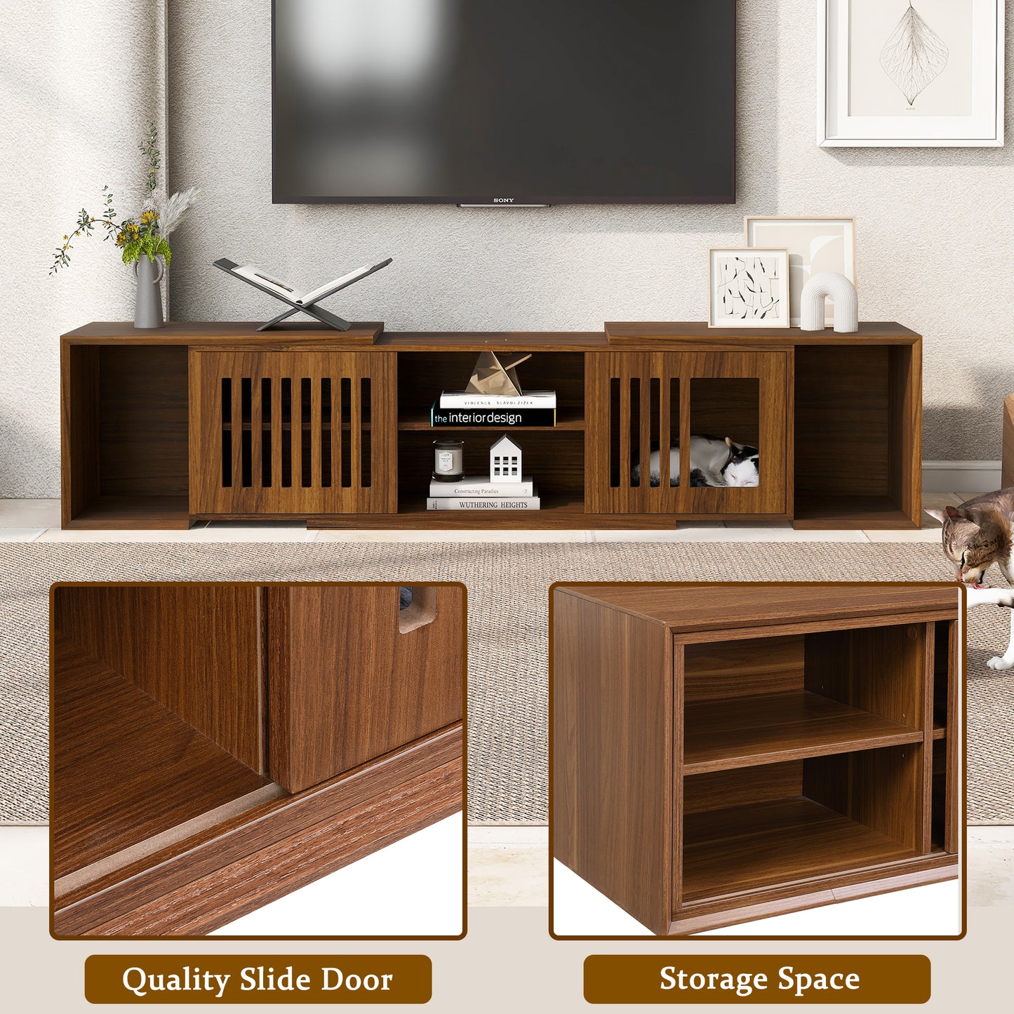 Mid-Century Modern 54.3 Extendable TV Stand Up To  With Cat House  Litter Box Enclosure  Walnut Wood Entertainment Center, Sliding Doors, Hidden Pet Furniture - Get It for Your Pets - Pet Store