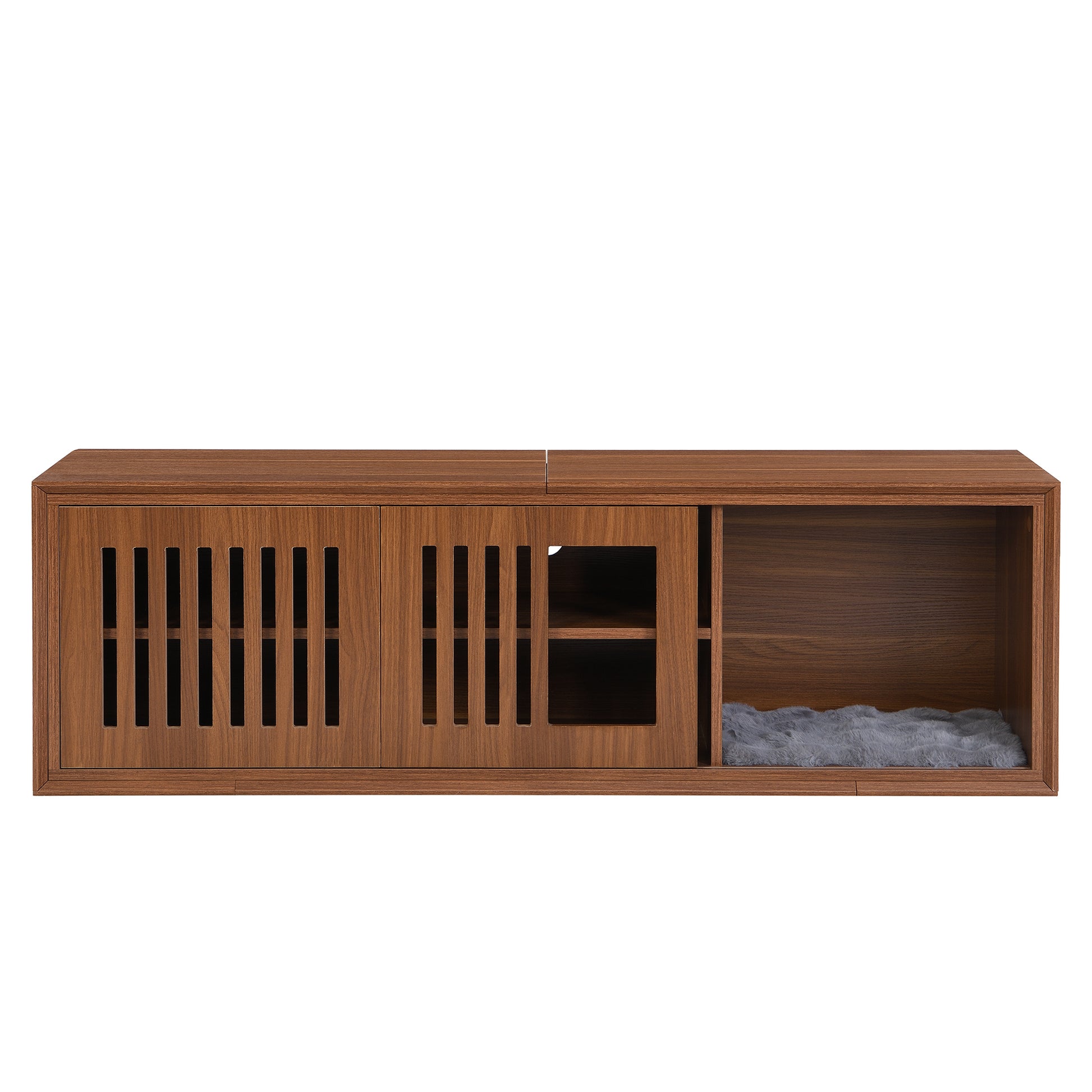 Mid-Century Modern 54.3 Extendable TV Stand Up To  With Cat House  Litter Box Enclosure  Walnut Wood Entertainment Center, Sliding Doors, Hidden Pet Furniture - Get It for Your Pets - Pet Store