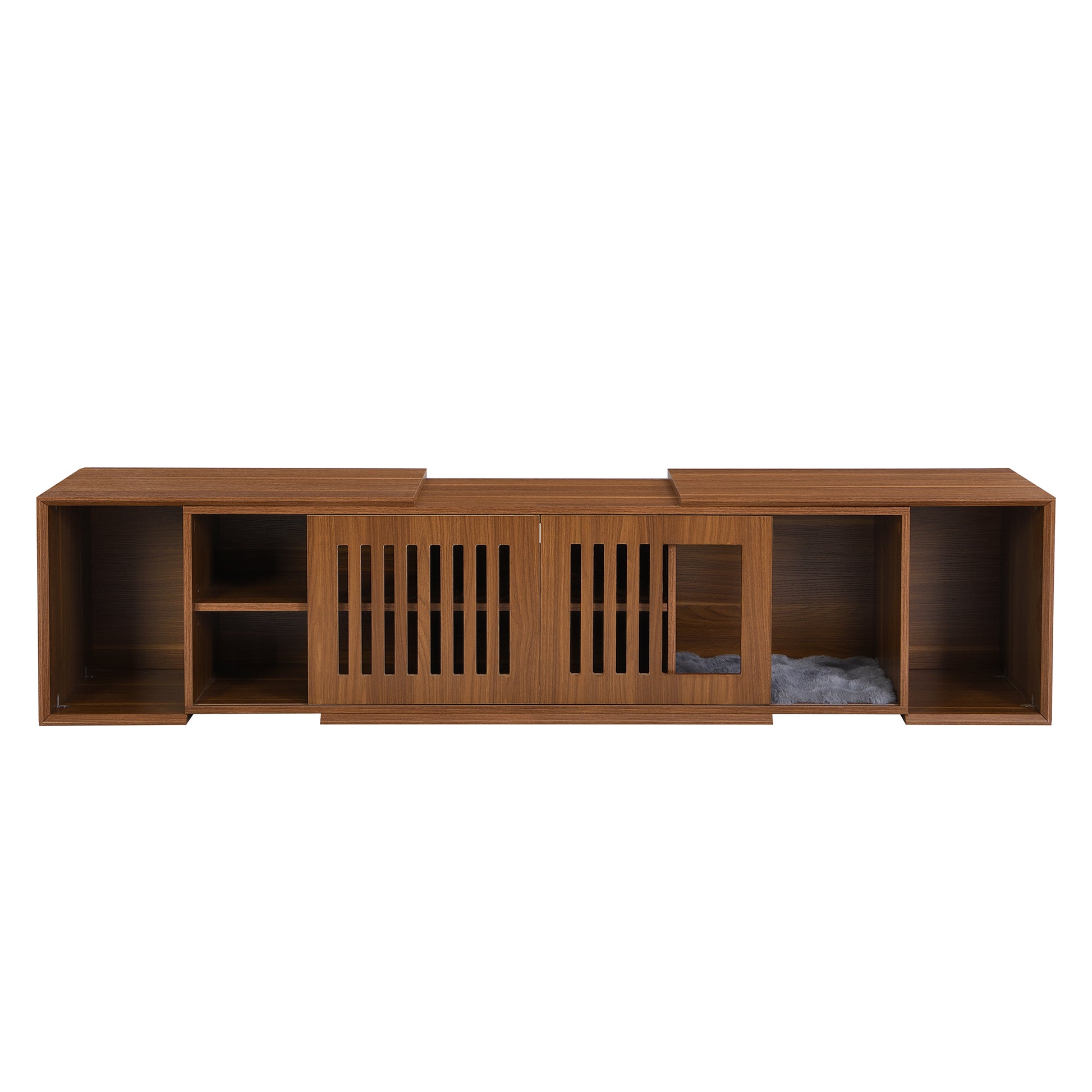 Mid-Century Modern 54.3 Extendable TV Stand Up To  With Cat House  Litter Box Enclosure  Walnut Wood Entertainment Center, Sliding Doors, Hidden Pet Furniture - Get It for Your Pets - Pet Store