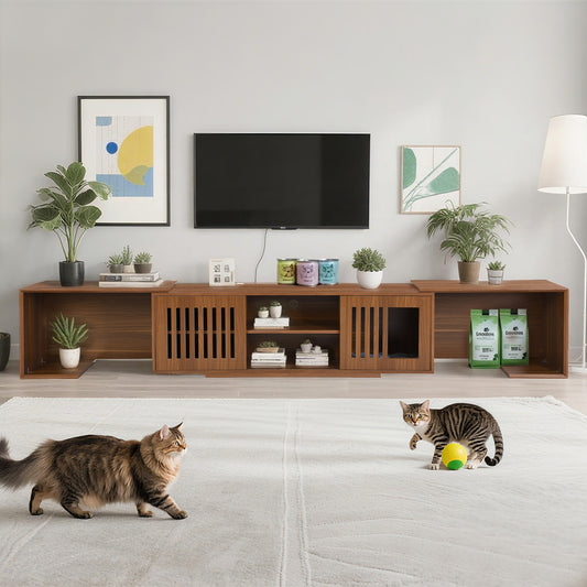 Mid-Century Modern 54.3 Extendable TV Stand Up To  With Cat House  Litter Box Enclosure  Walnut Wood Entertainment Center, Sliding Doors, Hidden Pet Furniture - Get It for Your Pets - Pet Store