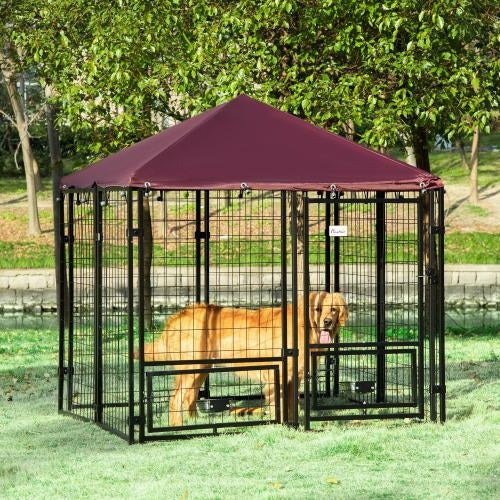 Outdoor Kennel With Rotating Bowl Rack, Walk-in Pet Playpen, Welded Wire Steel Dog Pen, With Waterproof And UV Resistant Awning - Get It for Your Pets - Pet Store