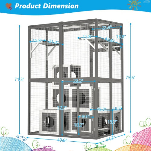 Outdoor Wooden Cat Catio - Large Solid Wood Cat Cage Playpen With 2 Jumping Platforms  7 Napping Houses, Walk-in Cat Kennel Condo Shelter, Grey - Get It for Your Pets - Pet Store