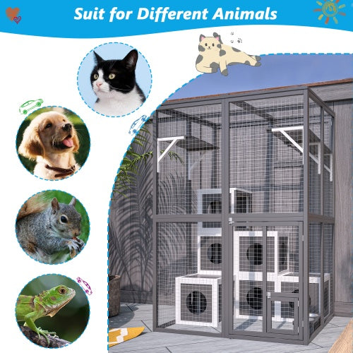 Outdoor Wooden Cat Catio - Large Solid Wood Cat Cage Playpen With 2 Jumping Platforms  7 Napping Houses, Walk-in Cat Kennel Condo Shelter, Grey - Get It for Your Pets - Pet Store