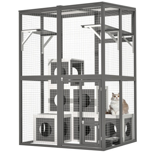 Outdoor Wooden Cat Catio - Large Solid Wood Cat Cage Playpen With 2 Jumping Platforms  7 Napping Houses, Walk-in Cat Kennel Condo Shelter, Grey - Get It for Your Pets - Pet Store