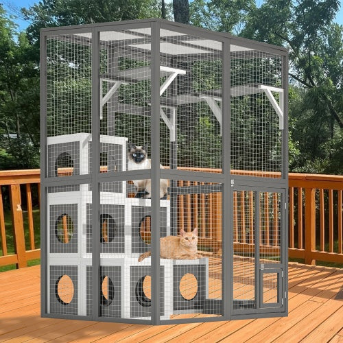 Outdoor Wooden Cat Catio - Large Solid Wood Cat Cage Playpen With 2 Jumping Platforms  7 Napping Houses, Walk-in Cat Kennel Condo Shelter, Grey - Get It for Your Pets - Pet Store