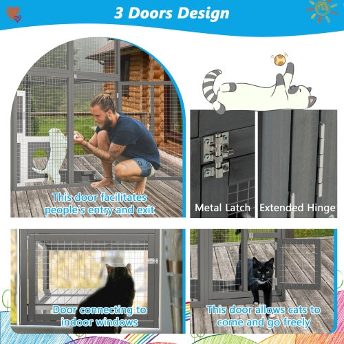 Outdoor Wooden Cat Catio - Large Solid Wood Cat Cage Playpen With 2 Jumping Platforms  7 Napping Houses, Walk-in Cat Kennel Condo Shelter, Grey - Get It for Your Pets - Pet Store