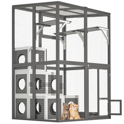 Outdoor Wooden Cat Catio - Large Solid Wood Cat Cage Playpen With 2 Jumping Platforms  7 Napping Houses, Walk-in Cat Kennel Condo Shelter, Grey - Get It for Your Pets - Pet Store