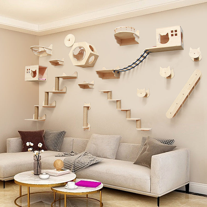 Pet Cat Climbing Frame Wall Type Solid Wood Wall Hanging Platform Ladder Pets Accessories - Get It for Your Pets