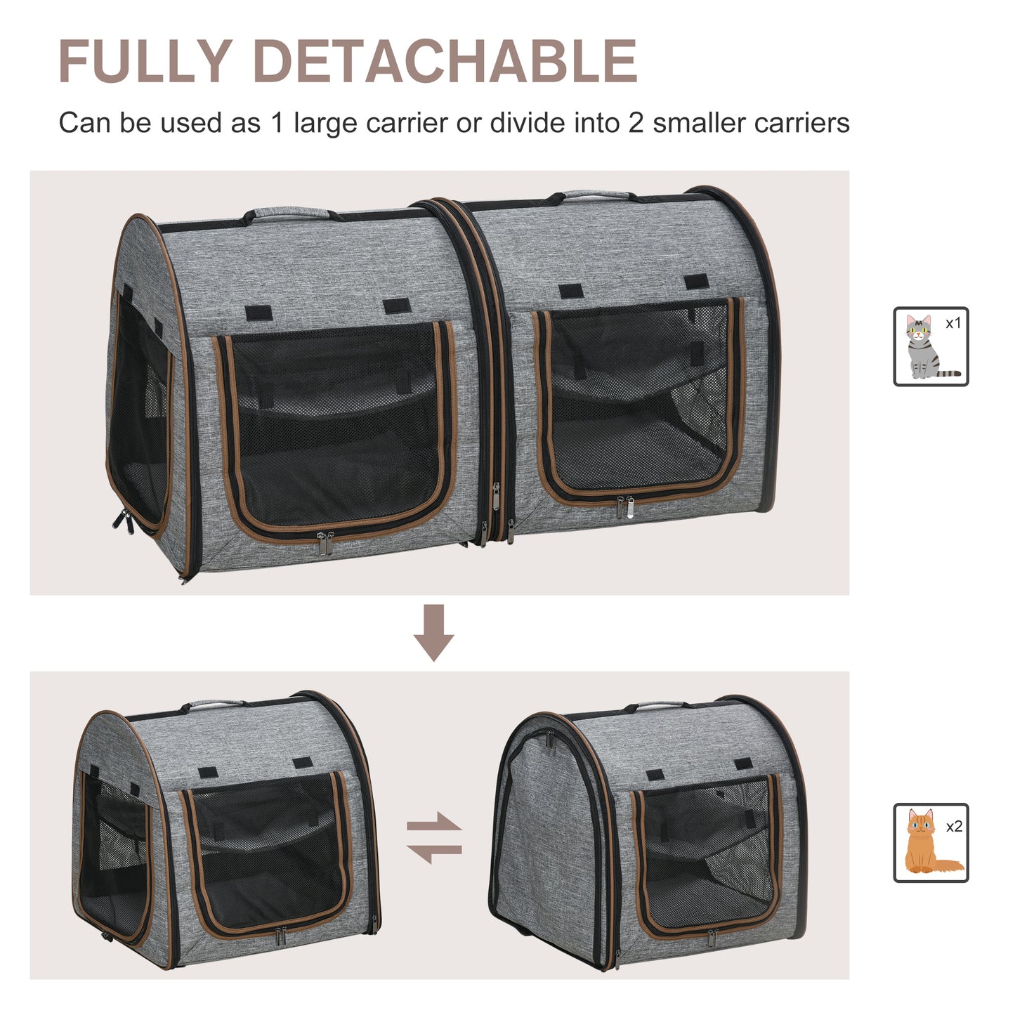 Portable Soft-sided Pet Cat Carrier With Divider, Two Compartments, Padded And Storage Bag, Grey - Get It for Your Pets - Pet Store