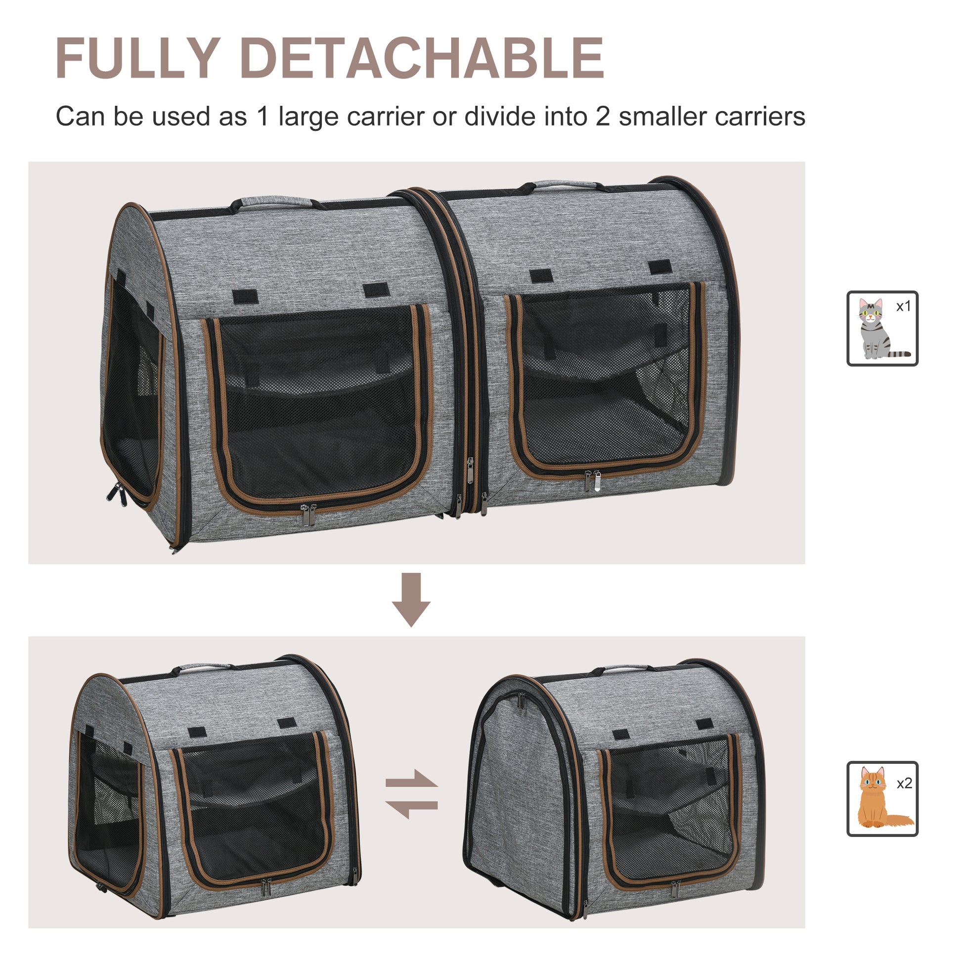 Portable Soft-sided Pet Cat Carrier With Divider, Two Compartments, Padded And Storage Bag, Grey - Get It for Your Pets - Pet Store