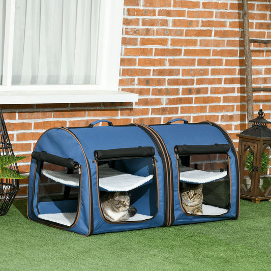 Portable Twin Compartment Show House Cat Cage 39  Soft-Sided Pet Kennel With Soft Cushions  Storage Bag Blue - Get It for Your Pets - Pet Store