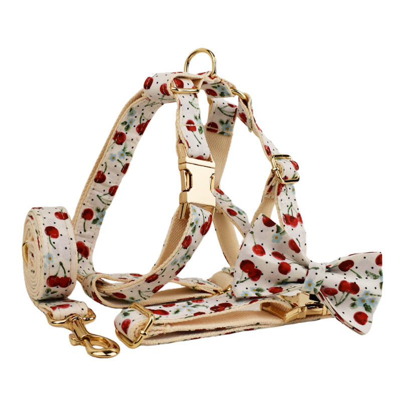 Red Cherry Printed Pet Collar Traction Rope Light Gold Release Buckle Cute Bow Strap - Get It for Your Pets