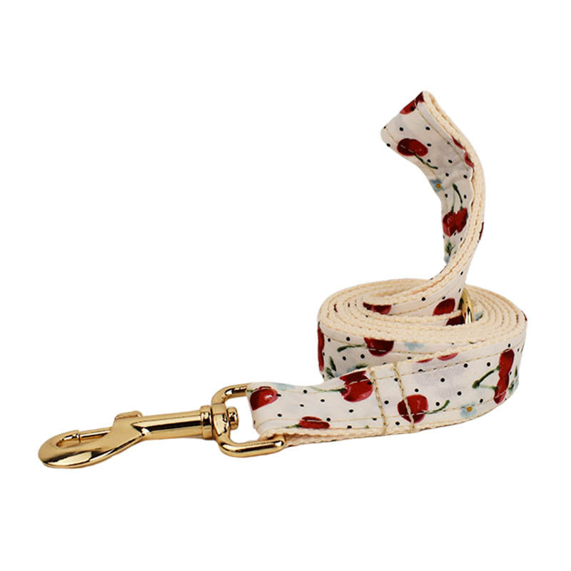 Red Cherry Printed Pet Collar Traction Rope Light Gold Release Buckle Cute Bow Strap - Get It for Your Pets