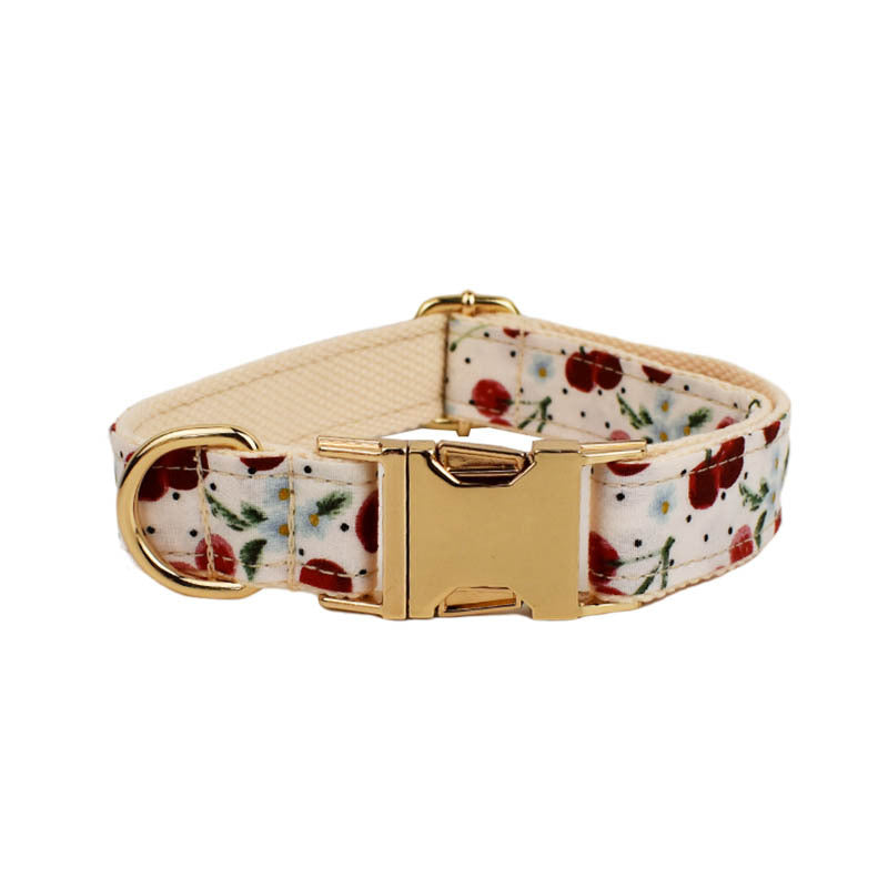 Red Cherry Printed Pet Collar Traction Rope Light Gold Release Buckle Cute Bow Strap - Get It for Your Pets