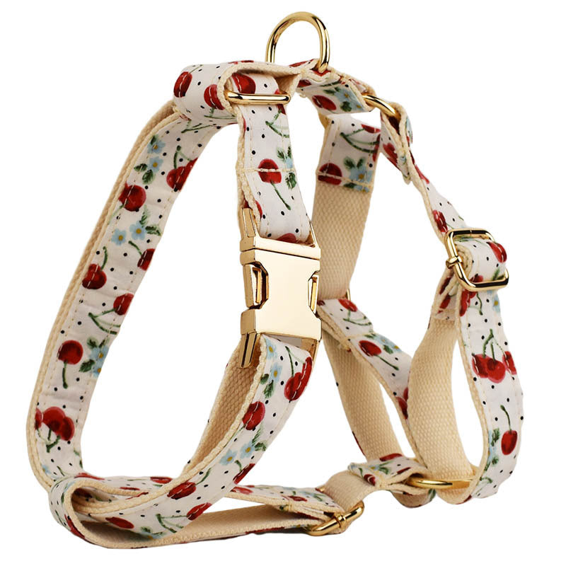 Red Cherry Printed Pet Collar Traction Rope Light Gold Release Buckle Cute Bow Strap - Get It for Your Pets