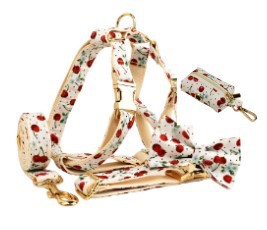 Red Cherry Printed Pet Collar Traction Rope Light Gold Release Buckle Cute Bow Strap - Get It for Your Pets