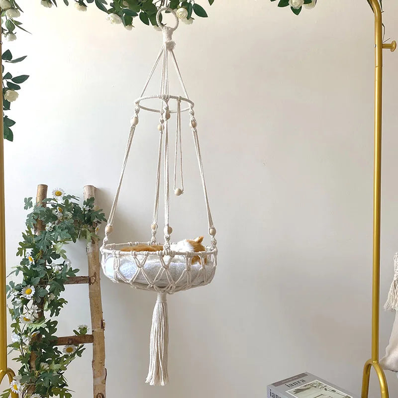Handwoven Tapestry Pet Cat Hammock Bed Bohemian Wall Hanging Basket Window Perch Cat Swing Washable kitten Net Sleeping House
