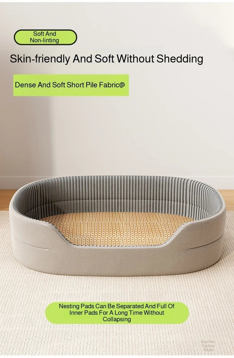 Dog Cat Kennel Universal for All Seasons Summer Pet Kennel with Rattan Mat Raised Edges Large Dog Bed Sofa-feel Mat Sleeping Pad