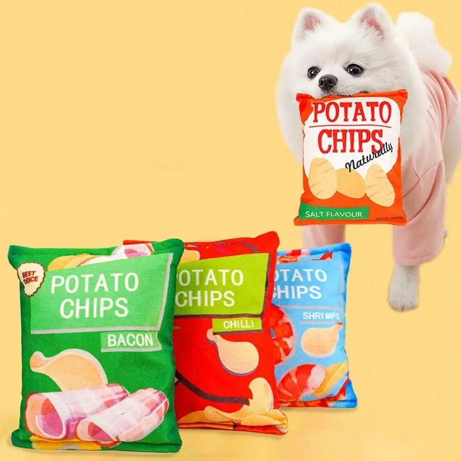 1pc Random Funny Chip Biscuit Bag Plush Dog Toy Pup's Favorite 'Snack' Fake Potato Chips Bag Toy for Dogs Pet Supplies