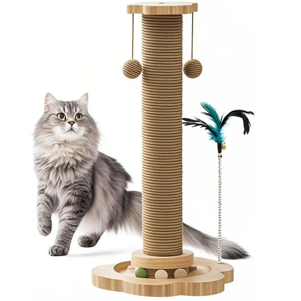 4-in-1 Wooden Cat Scratching Post with Track Ball, Feather & Sisal Balls, Interactive Scratcher Toy for Kittens Adult Cats