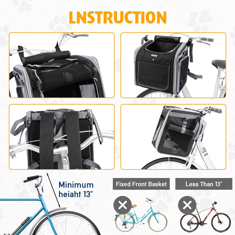 Dog or Cat Bike Basket, Expandable Soft Sided Pet Carrier Backpack with 4 Open Doors, Foldable Dog Bike Carrier