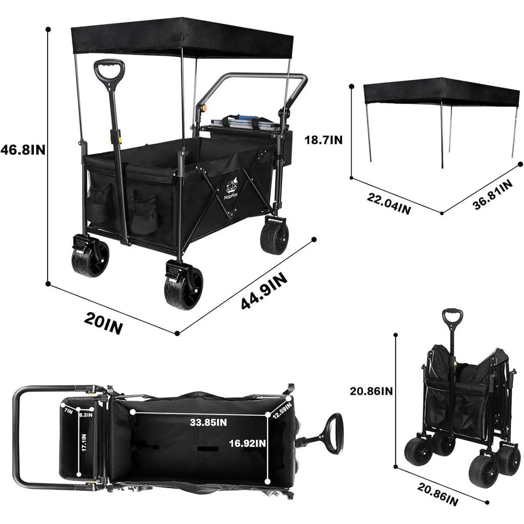 Heavy Duty Collapsible Wagon Cart Removable Canopy 4\" Wide Large All Terrain Wheels Adjustable Brake Handles for Camping