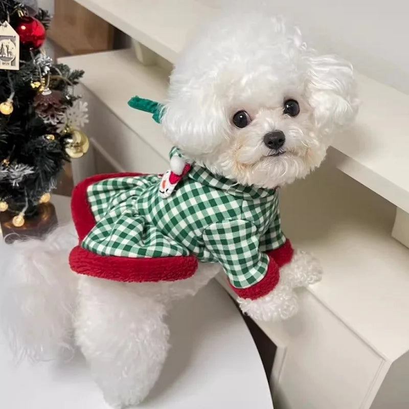 Fashion Plaid Dog Hoodies Christmas Pet Princess Dress Winter Warm Puppy Pullovers Snowman Pattern Cat Skirt Bichon Dog Clothes