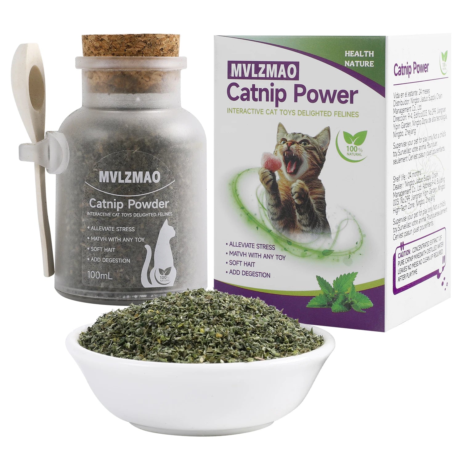 Catnip+Silvervine for Cats & Kittens Safety-Cut Premium Fine Cat Nip Blend Silvervine + Wooden Spoon，100 ML,Create a Monster!