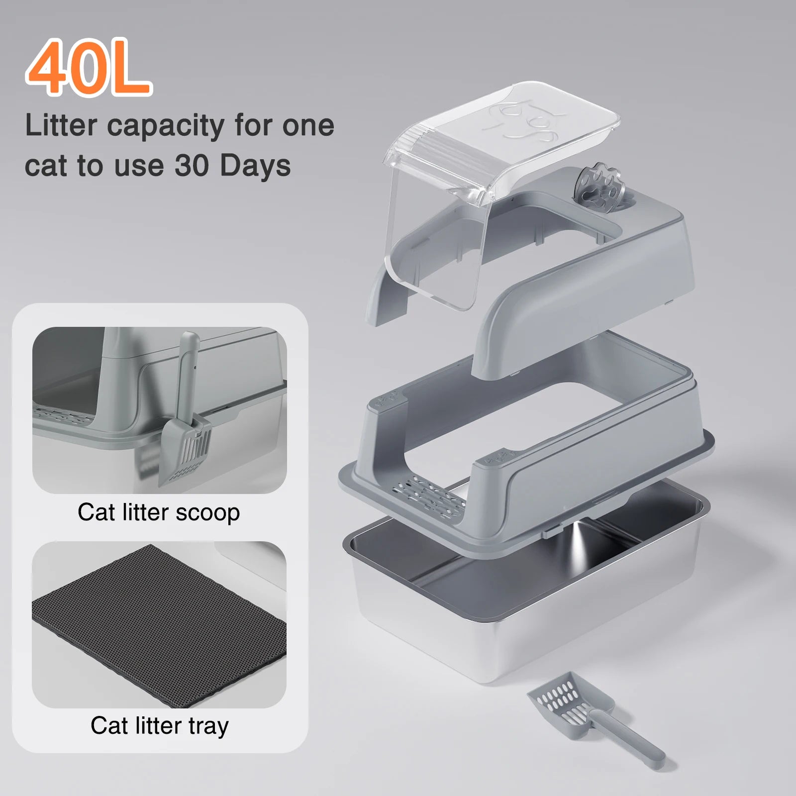 Enclosed Stainless Steel Cat Litter Box Cat Litter Box with Lid Mat & Scoop High-Sided Metal Kitty Leak-Proof Tray For Big Cats